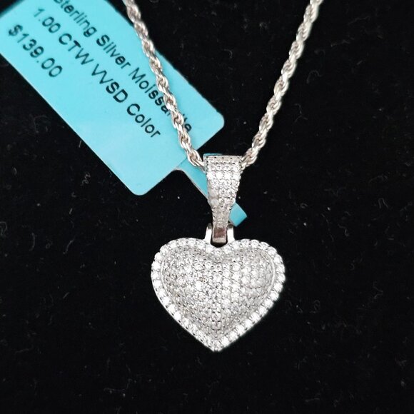 Sterling Silver Moissanite Heart Pave Cluster Pendant And Chain New 1CT - Picture 4 of 8